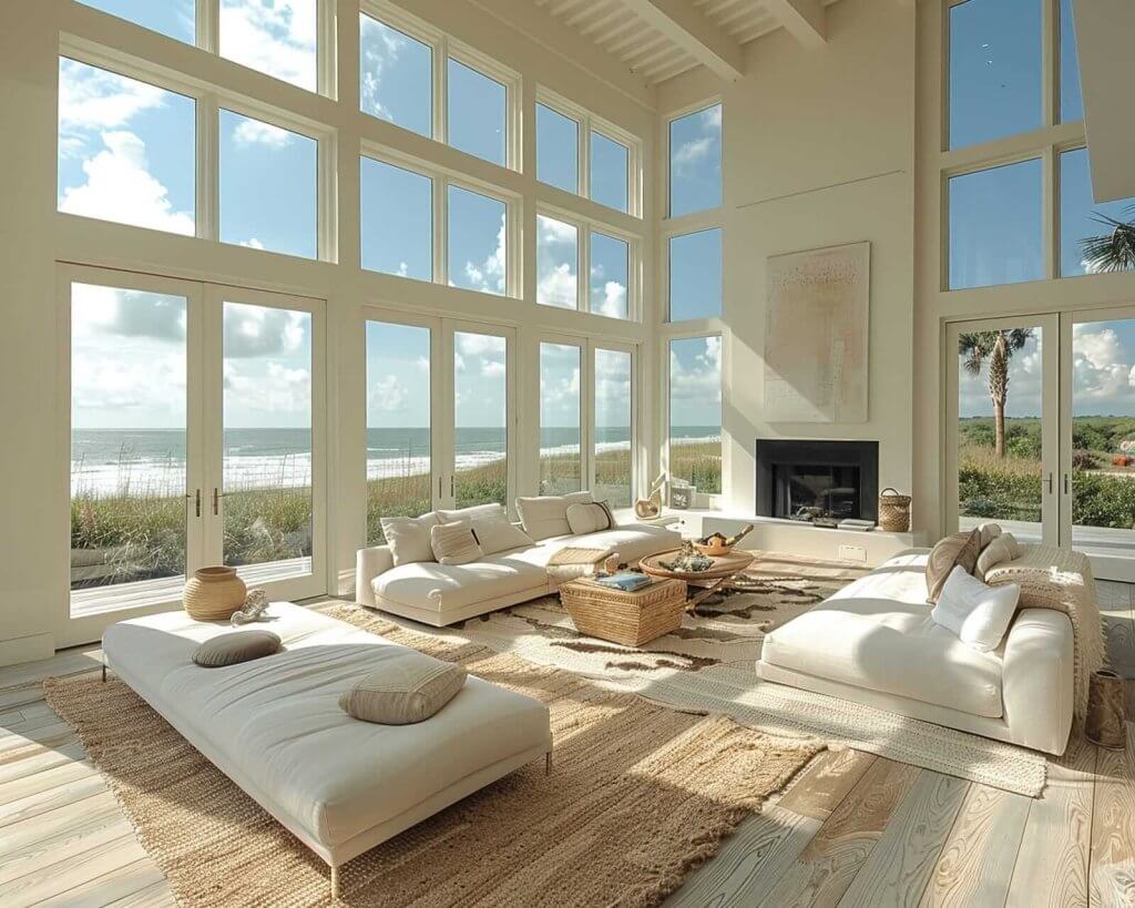 Spacious living room with large windows offering ocean views, light-colored modern furniture, a central coffee table, and natural light streaming in.