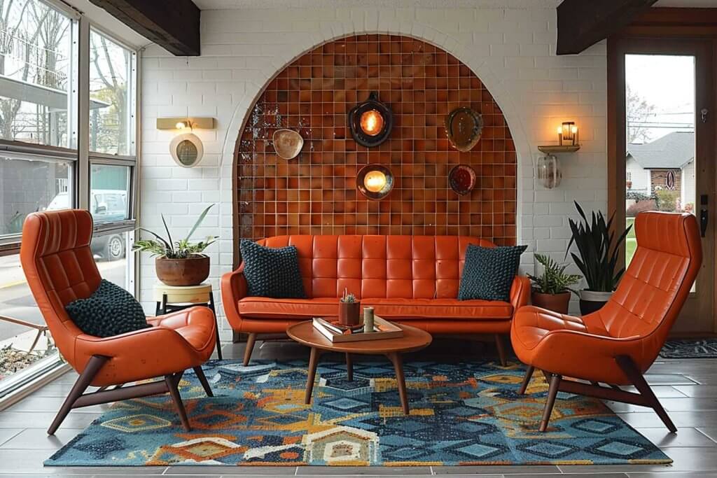 A modern living room features orange mid-century furniture, an archway with orange tile accents, and decorative wall art. A large window provides natural light, and a patterned rug adorns the floor.