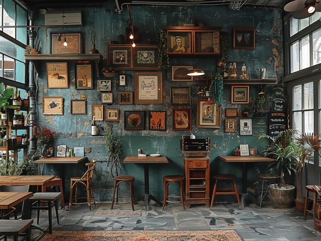 A cozy café interior with vintage decor, framed artwork on a distressed teal wall, wooden furniture, and plants. Tables and stools are arranged along the wall under soft lighting.