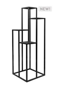 a black metal pedestal display stand with three tiers