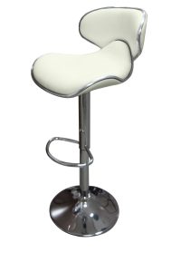 a white leather replica fly barstool on a chrome base