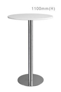 a white round cooper high table silver with a metal base