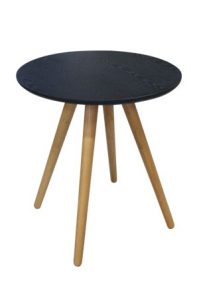 A round black Rimson Coffee Table with wooden legs.