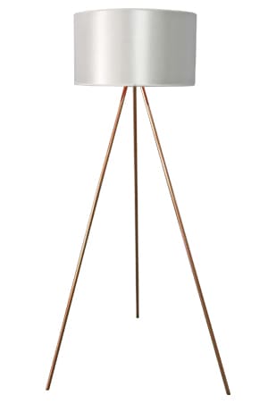 a flint floor lamp with a white shade and metal legs