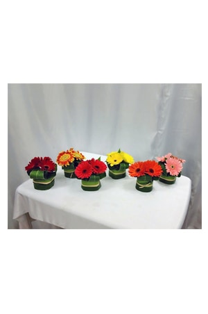 gerbera in wrapped leaves on a table