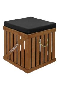 a wooden crate stool with a black cushion