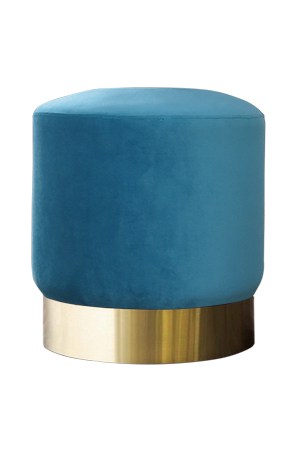 a blue velvet hudson round pouf on a gold base