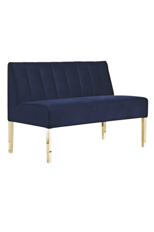 A Broadway Loveseat™ in blue velvet with gold legs.