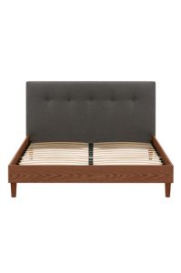 a oaksford queen bed walnut with a grey upholstered headboard