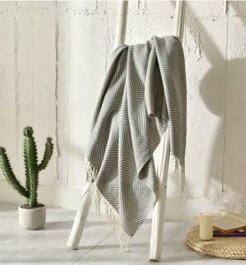 a cactus sits on a wooden ladder next to a throw in grey striped pattern