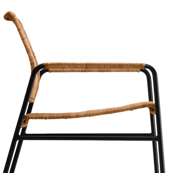 a cayman rattan armchair with a black frame and a rattan seat