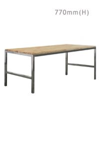 a barcelona long table with a wooden top and metal legs