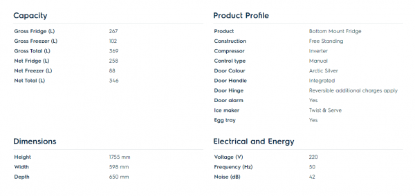 A 346L NutriFresh® Inverter Bottom Mount Refrigerator showing the different types of energy.