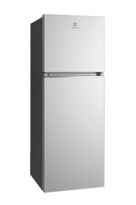 A 312L UltimateTaste 300 top freezer refrigerator - Silver on a white background.