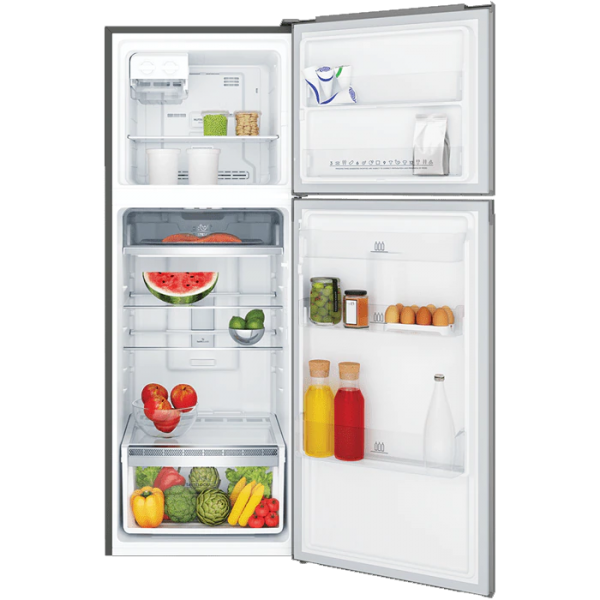 a 312l ultimatetaste 300 top freezer refrigerator silver with fruits and vegetables inside