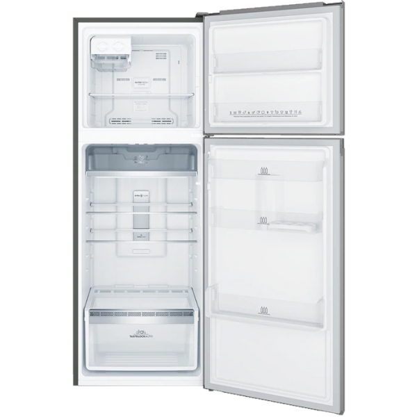 a 312l ultimatetaste 300 top freezer refrigerator silver with the door open on a white background