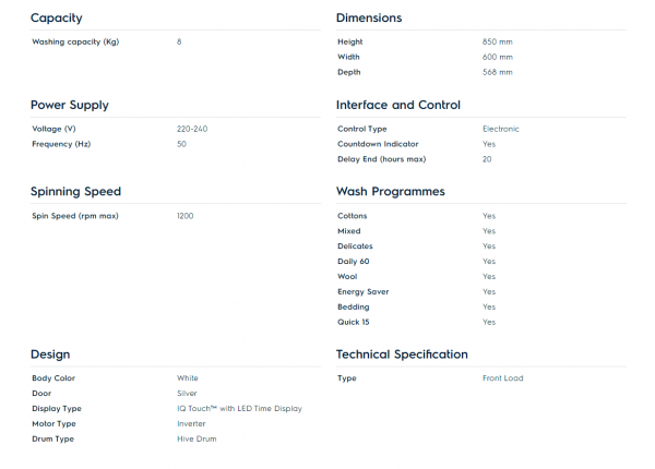 A screen shot of a page with the 8kg UltimateCare™ 500 Washing Machine.