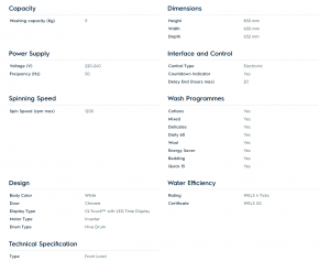 A sheet showing the details of a 9kg UltimateCare™ 500 Washing Machine.