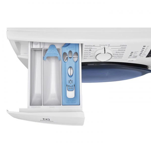 a white 75kg ultimatecare™ 700 washer dryer with a blue lid