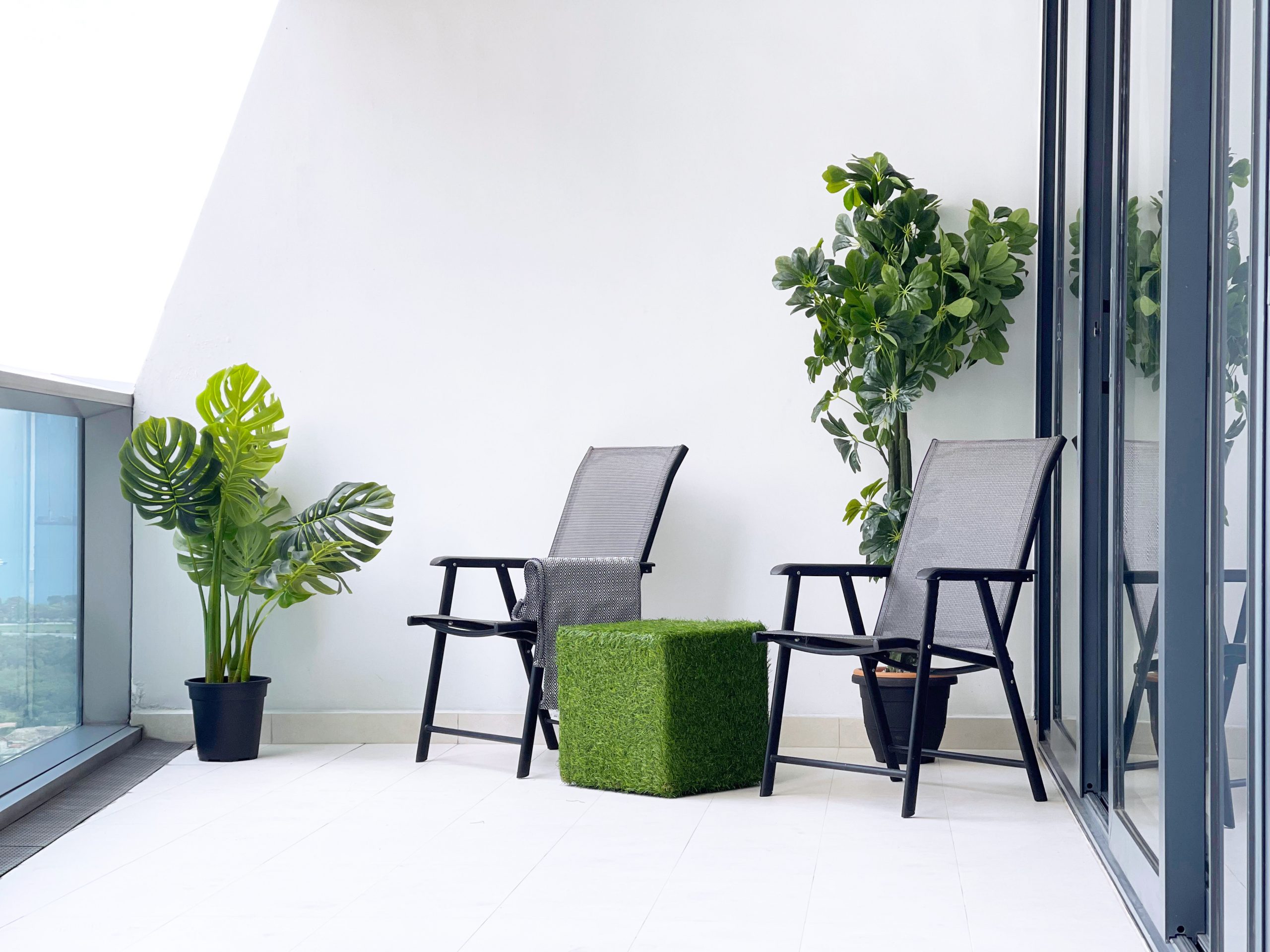 A balcony with two chairs and a potted plant.