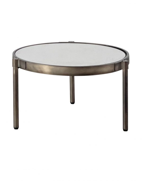 A Soleil Outdoor Round Coffee Table with a glass top.