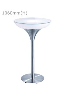 an illuminated peak table with a glass top and a metal base