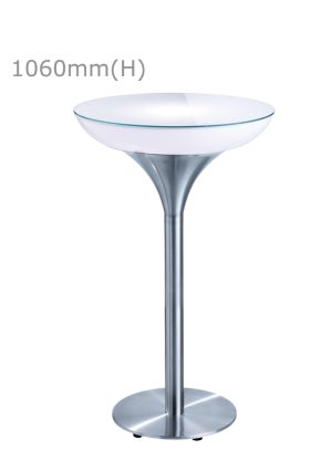 An Illuminated Peak Table with a glass top and a metal base.