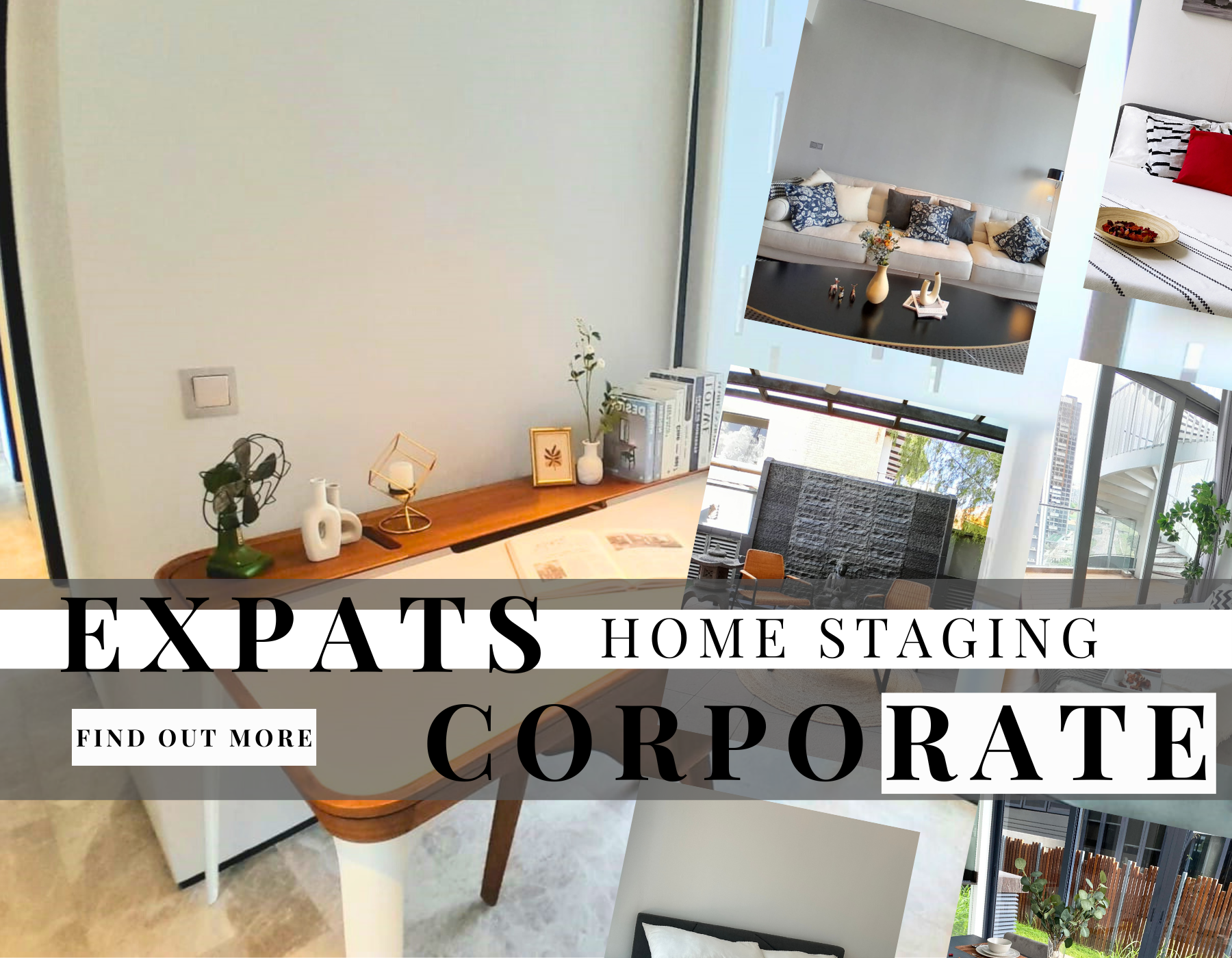 Collage photo featuring modern interior design elements with text overlay that reads "Expats Home Staging Corporate." Styled rooms include a living area, a decorated table, and a staircase.