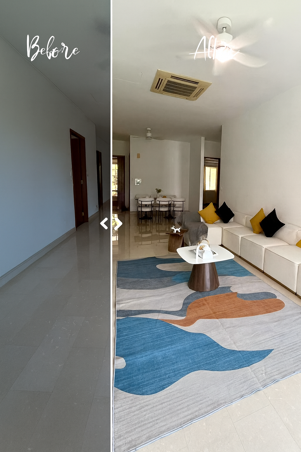 Side-by-side comparison of a living room before and after furnishing; left side is empty, right side has a rug, coffee table, sofa with cushions, and dining area.