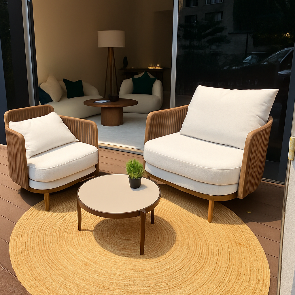 Two cushioned armchairs and a small round table with a potted plant sit on a circular rug on a wooden patio, with a modern indoor seating area visible through glass doors.