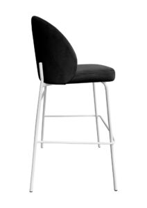 The Alura™ Barstool - Onyx Black - Black Legs is shown in profile, featuring a modern cushioned seat and backrest with black upholstery and matching black metal legs against a white background.