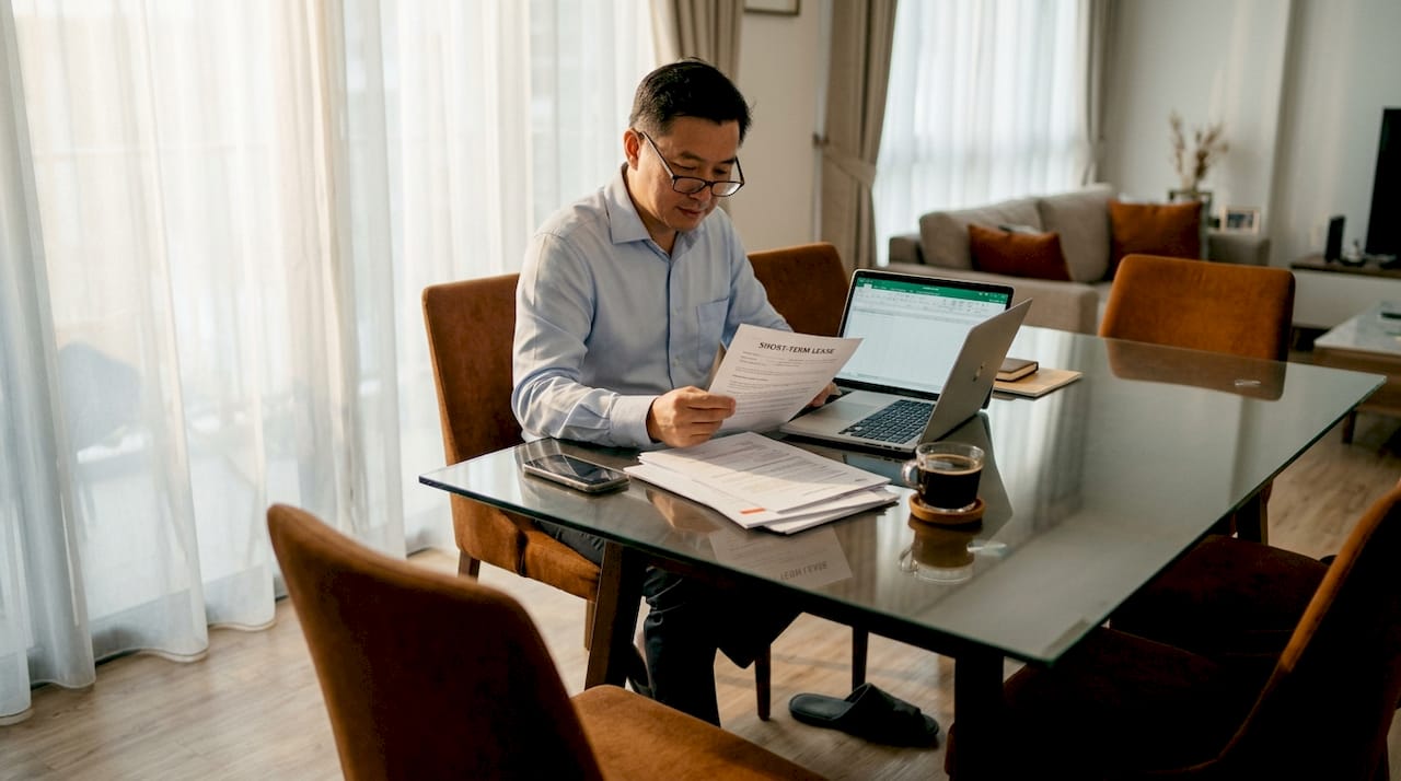 Landlord reviewing short-term rental paperwork at dining table