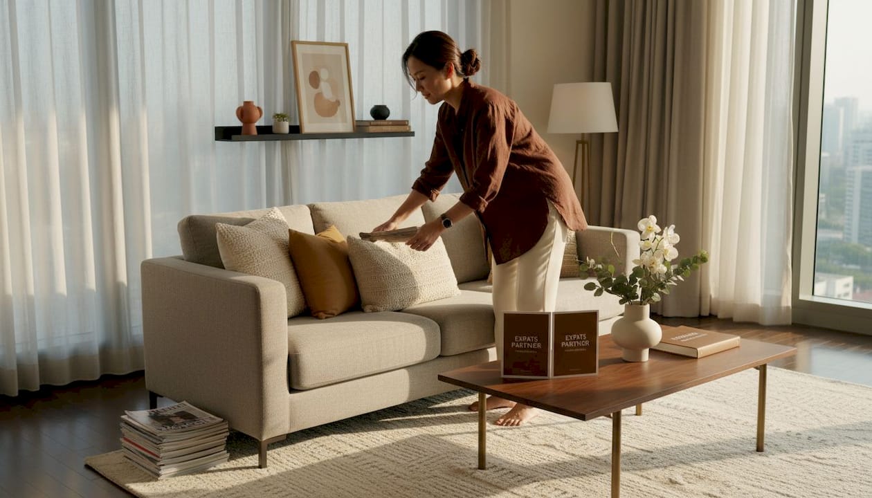Property owner staging condo living room