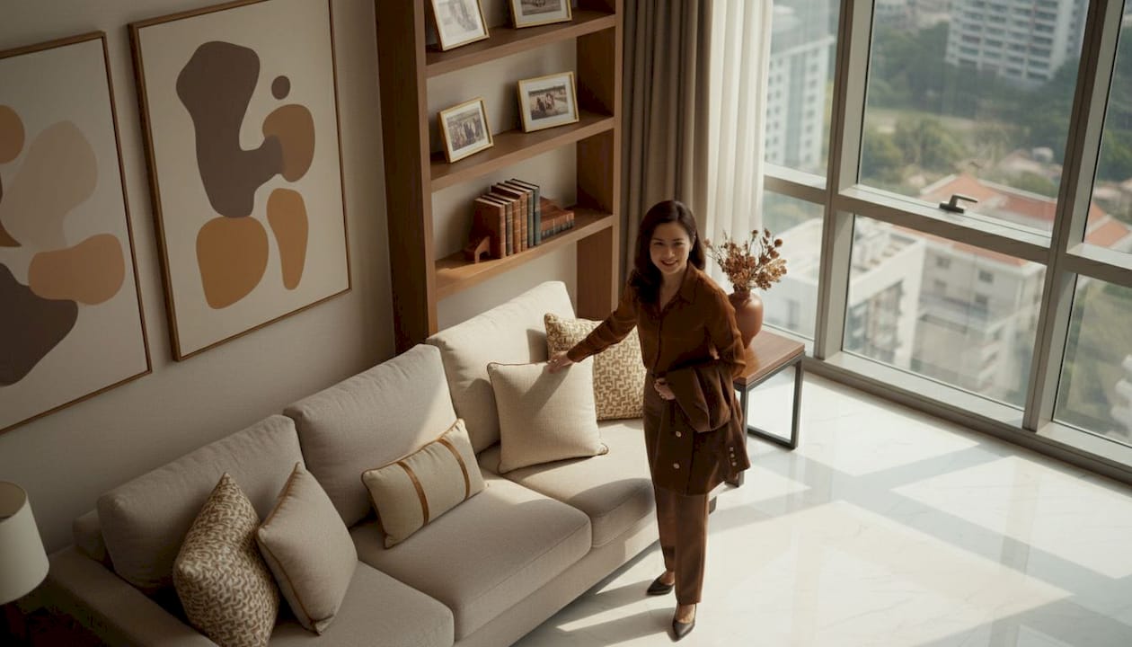 Agent staging Singapore condo living room scene