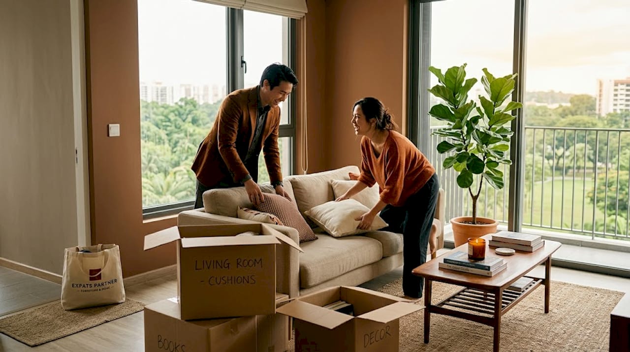 Expat family arranging new Singapore apartment