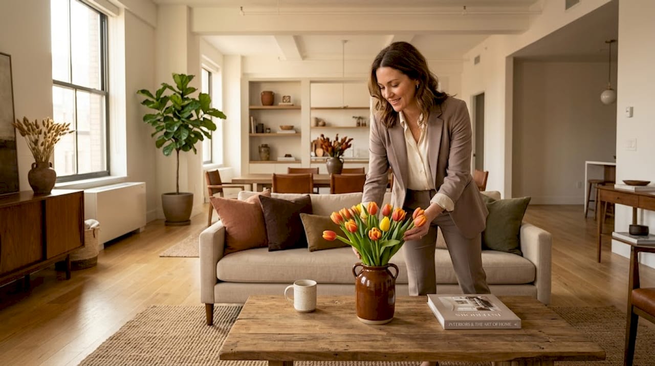 Agent arranging flowers in staged city living room
