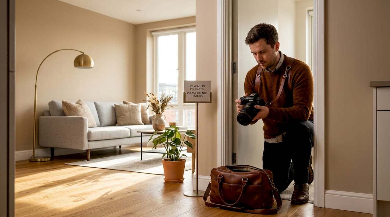 Photographer preparing to shoot staged rental living room