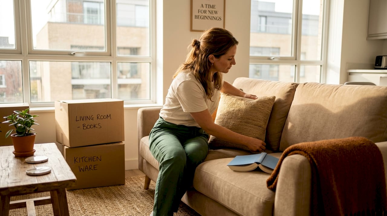Woman stages living room with daylight, arranging pillows