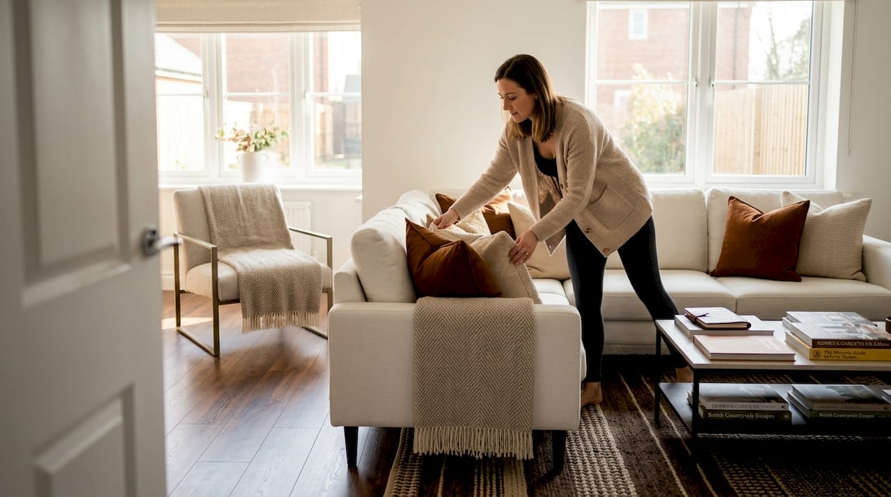 Woman preparing living room for home staging