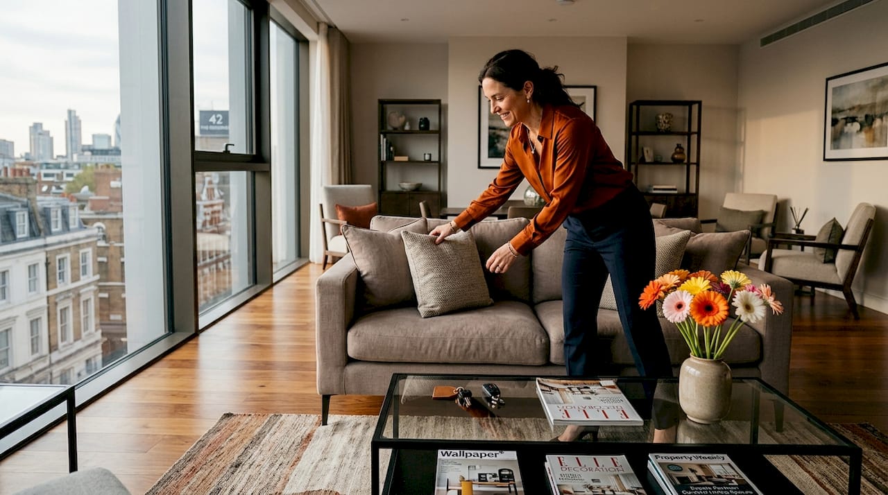 Agent arranging cushions in staged living room