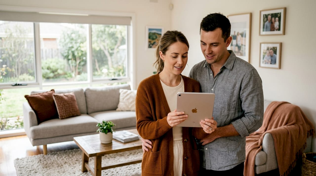 Couple reviews staged home listing details