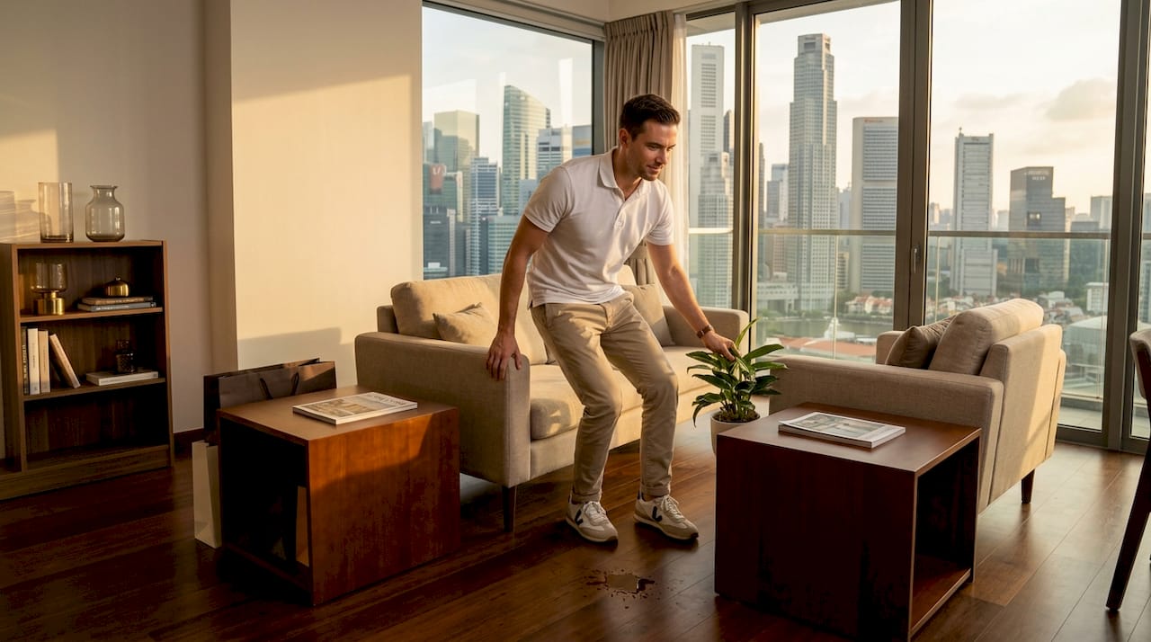 Home stager arranging furniture in Singapore apartment