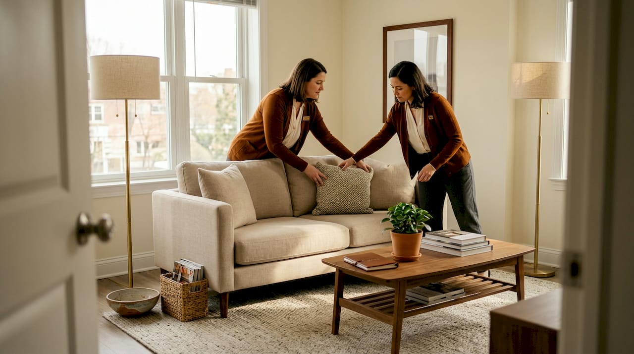 Property manager staging rental apartment interior