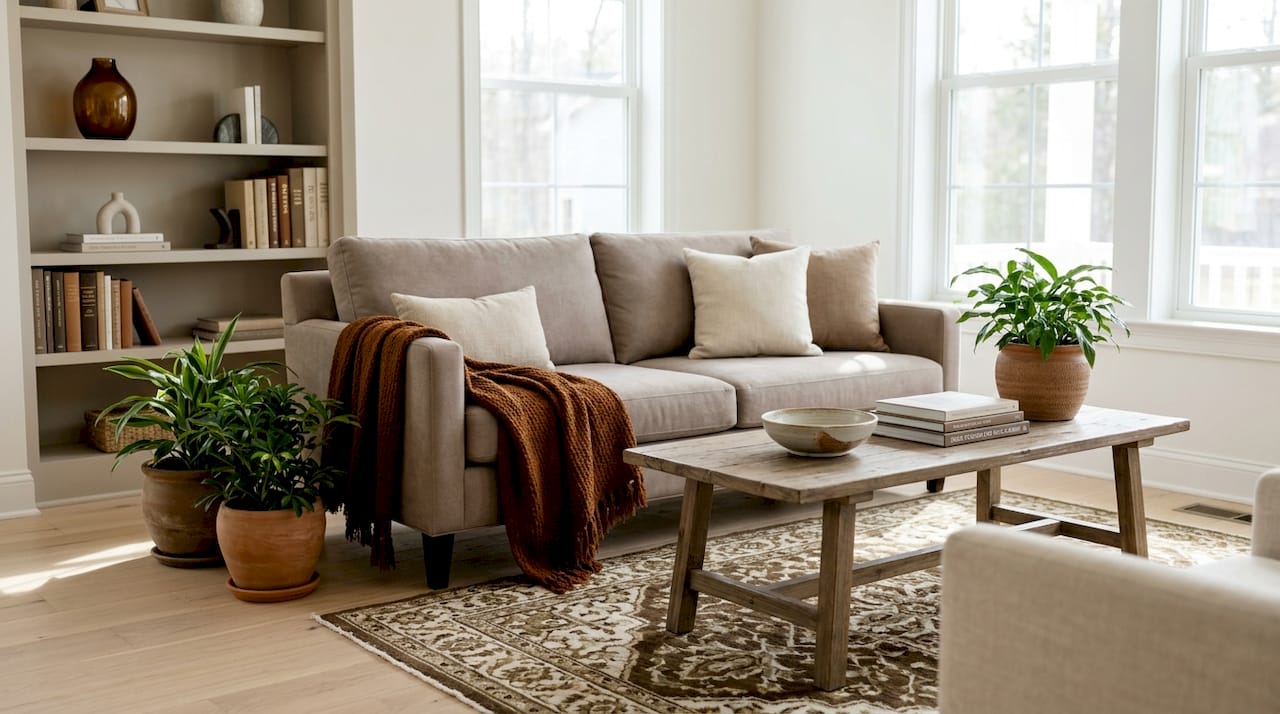 Light-filled staged living room interior