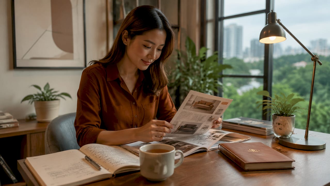 Woman browsing furniture rental options in apartment