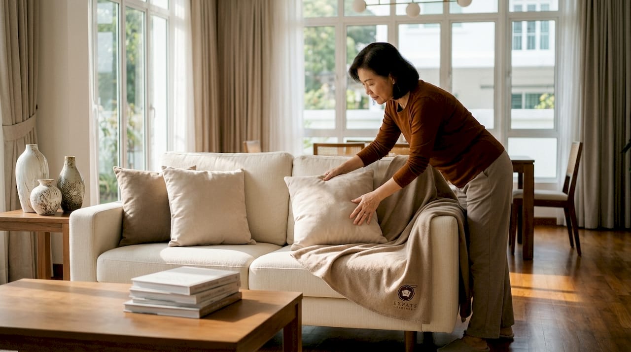 Woman staging neutral living room with cushions