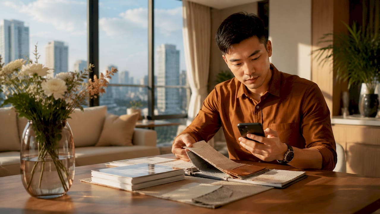 Singapore landlord inspecting a staged rental condo living room