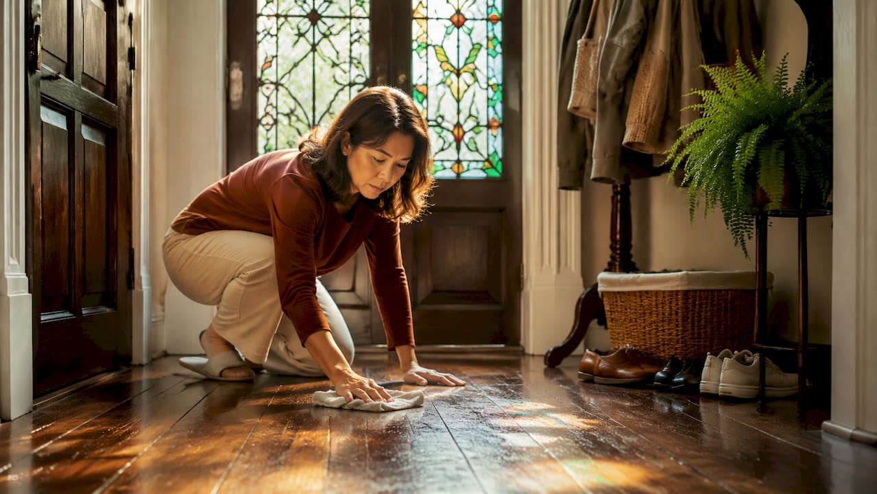 Woman cleaning landed home foyer floor