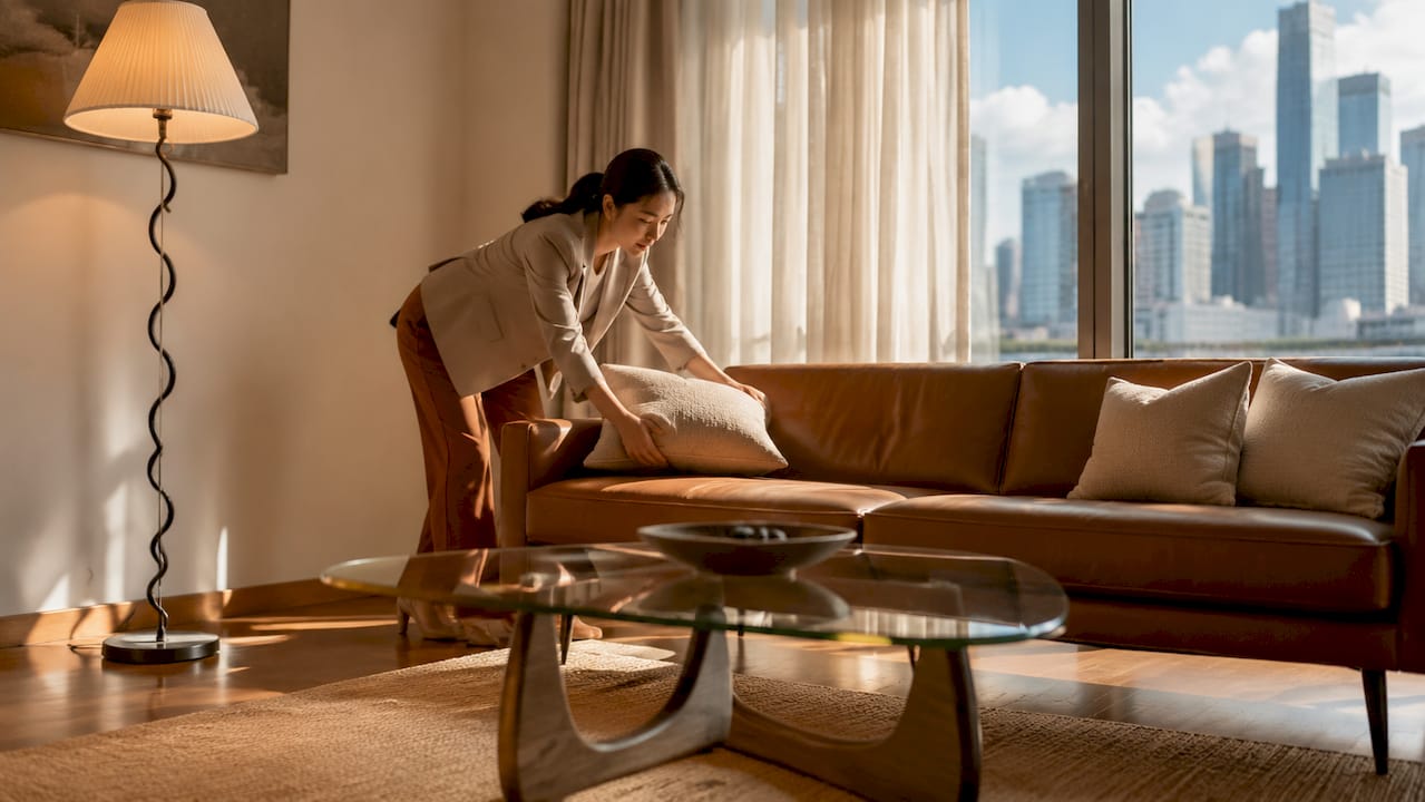 Agent arranging rental furniture in condo living room
