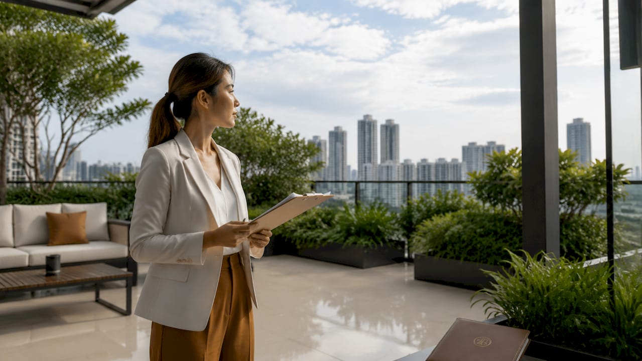 Real estate agent in empty condo living room